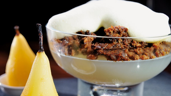 Richard Corrigan's Pear Jelly with Plum Pudding Crumble with Sabayon Sauce