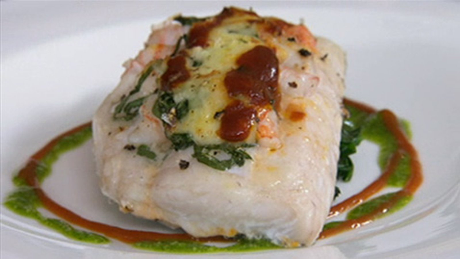 Gratin of Hake, Prawns and Basil on a Bed of Spina