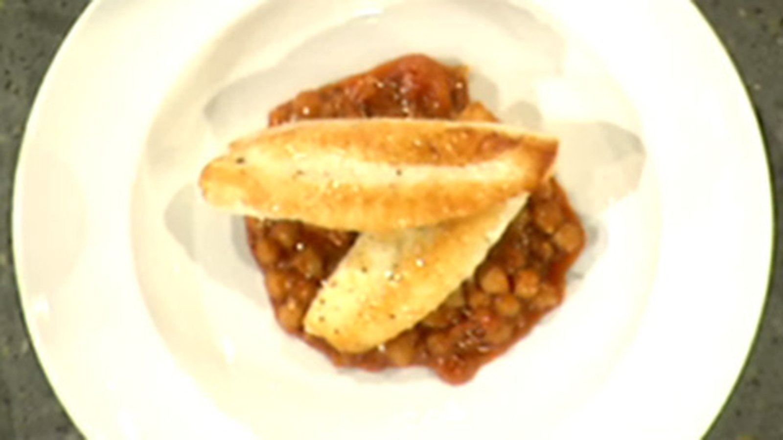 Seared John Dory with Spicy Chickpeas and Chorizo and Orange Crème Fraiche