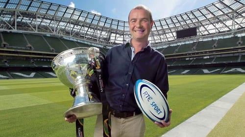 Daire O'Brien at the Aviva Stadium with the Magners League trophy