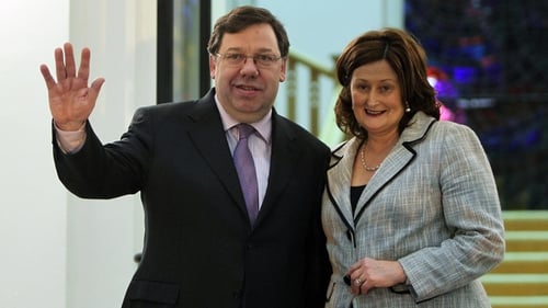 Brian and Mary Cowen - Taoiseach poses outside Government Buildings after winning crucial party vote