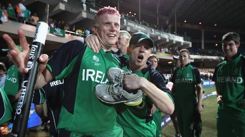 Kevin O'Brien celebrates a record breaking innings at the 2011 World Cup as Ireland beat England alongside brother and team-mate Niall