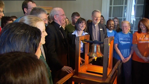Cardinal Seán Brady and Archbishop Diarmuid Martin with the Congress Bell in March last year