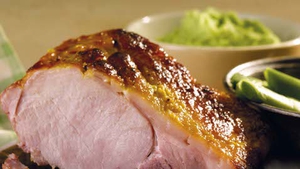 Glazed Loin of Bacon with Pea and Potato Mash