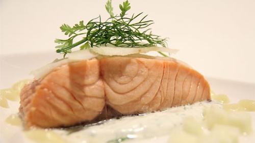 Cider Poached Clare Island Salmon, Apple & Fennel Salad dressed with Calvados: Norah Casey
