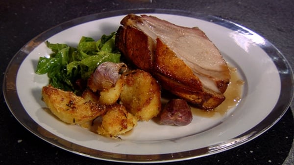 Roast Rack of Pork with Duck Fat Potatoes. One for a good sit down. Served with Shallots, Thyme and Polenta, alongside an apple gravy.