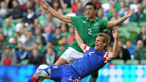 Stephen Kelly pleads his innocence after a crude challenge on Ivan Strinic inside the Republic of Ireland penalty area