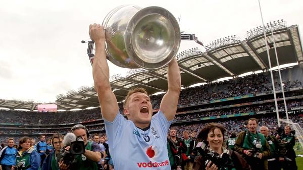 Paul Flynn celebrates with Sam Maguire after Dublin's All-Ireland win in 2011