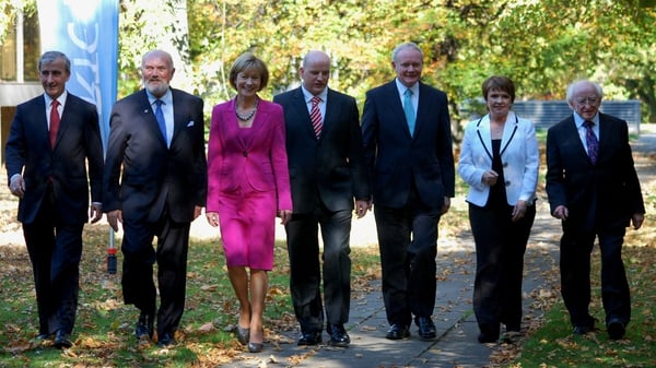 The seven candidates pose for photos outside RTÉ Radio Centre