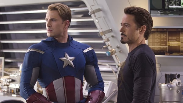 Chris Evans as Captain America and Robert Downey Jr. as Tony Stark/Iron Man in The Avengers