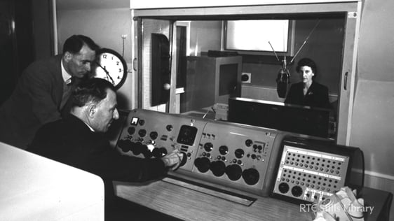 Continuity Studio, GPO: official opening Jim Power, Michael Keyes, Minister of Posts and Telegraphs, and Síle Ní Bhriain 19 April 1956 © RTÉ Stills Library 0286_091