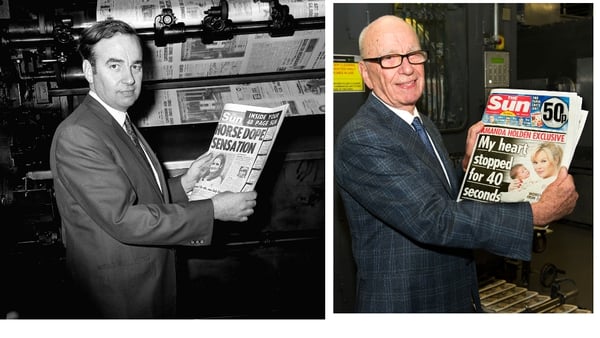 'The Sun On Sunday' as it comes off the presses (R) and Rupert Murdoch with the first edition of 'The Sun' in 1969