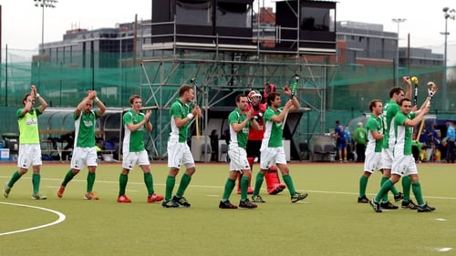 The Ireland hockey team applaud the crowd after their victory over Ukraine