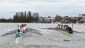 The Cambridge (left) and Oxford (right) crews come together, resulting in a broken blade for Dr Hanno Wienshausen of the Oxford crew during the Xchanging University Boat Race