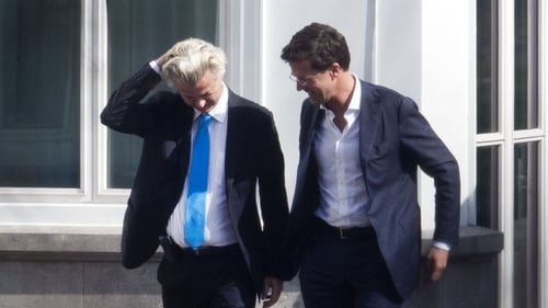 Geert Wilders, on left, with Dutch PM Mark Rutte after Wilders pulled out of government triggering an election.