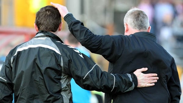 Managers Declan Devine (L) of Derry and Stephen Kenny of Rovers