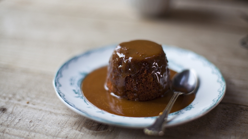 Steamed banana pudding with salted caramel sauce