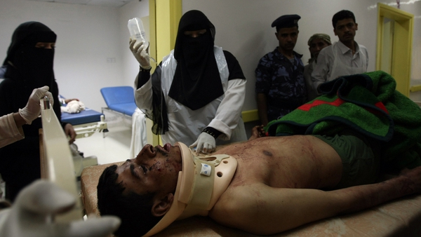 An injured soldier is treated in a Sanaa hospital