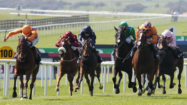 Martin Harley goes for his stick on Samitar (far left) in the closing stages of the Irish 1,000 Guineas
