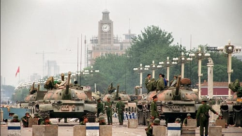 Soldiers take position near Tiananmen Square in 1989