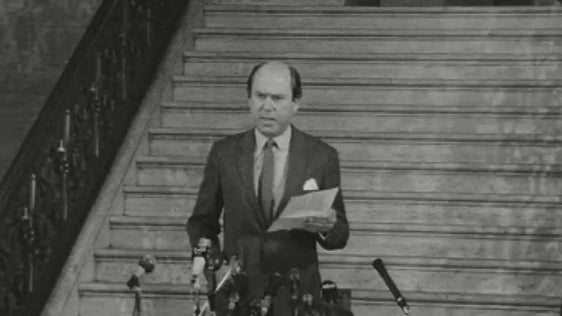 Roy Bradford, Chief Whip of the Unionist Party, announces Major Chichester-Clark as the new leader on 1 May 1969.