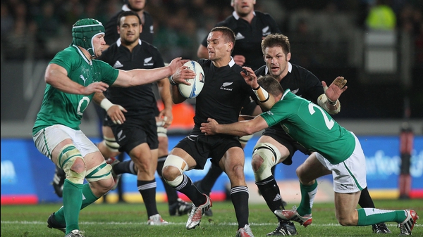 Aaron Cruden is tackled in the first Test against Ireland in Auckland