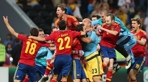 The Spanish side celebrate reaching the Euro 2012 final