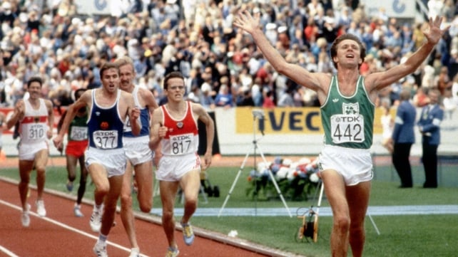 Eamonn Coghlan raises his arms in the air as he crosses the line to win the 5000 Metres final during the 1983 World Championships in Helsinki