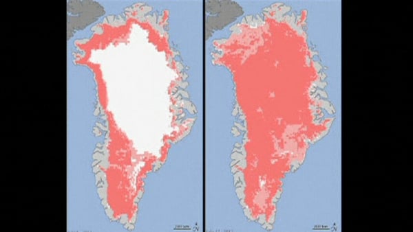 Computer representation of melting on 8 July (L) beside an image representing 12 July