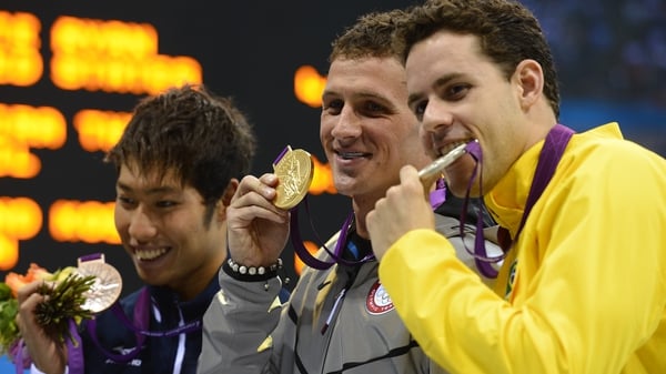 Ryan Lochte (centre) was joined on the podium by Thiago Pereira and Kosuke Hagino after the final of the 400m individual medley