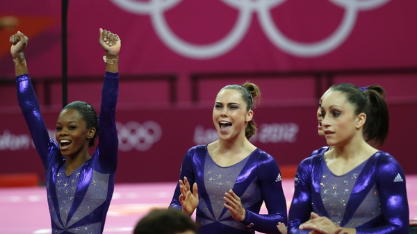 The US Gymnastics team celebrates