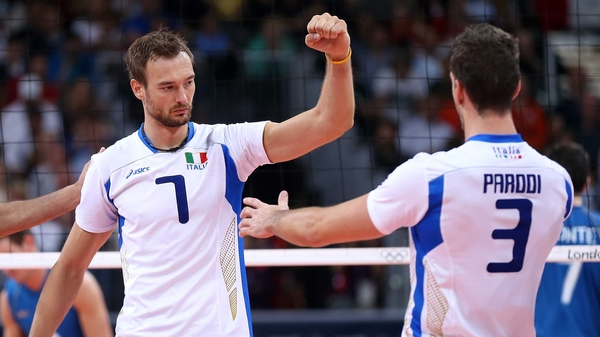 Michal Lasko and Simone Parodi of Italy celebrate a point in the fourth set against Argentina