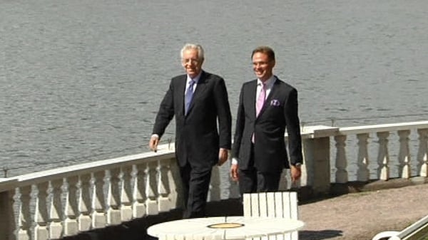 Italian Prime Minister Mario Monti (left) pictured with Finnish PM Jyrki Katainen ahead of tomorrow's key talks