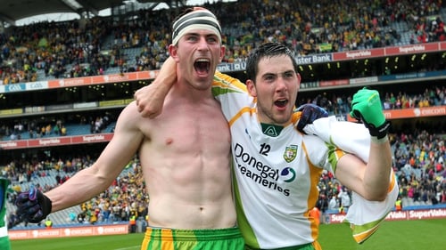 Paddy McBrearty and Mark McHugh celebrate after Donegal's semi final win