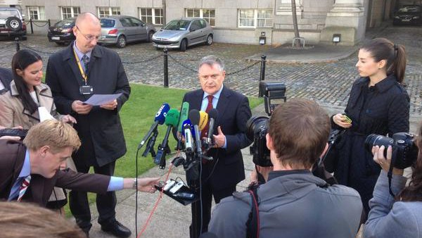 Mr Howlin speaks to the media at Government Buildings this afternoon (Pic: Will Goodbody)