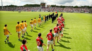 The Leitrim and Mayo teams parade before their Connacht semi-final in Castlebar
