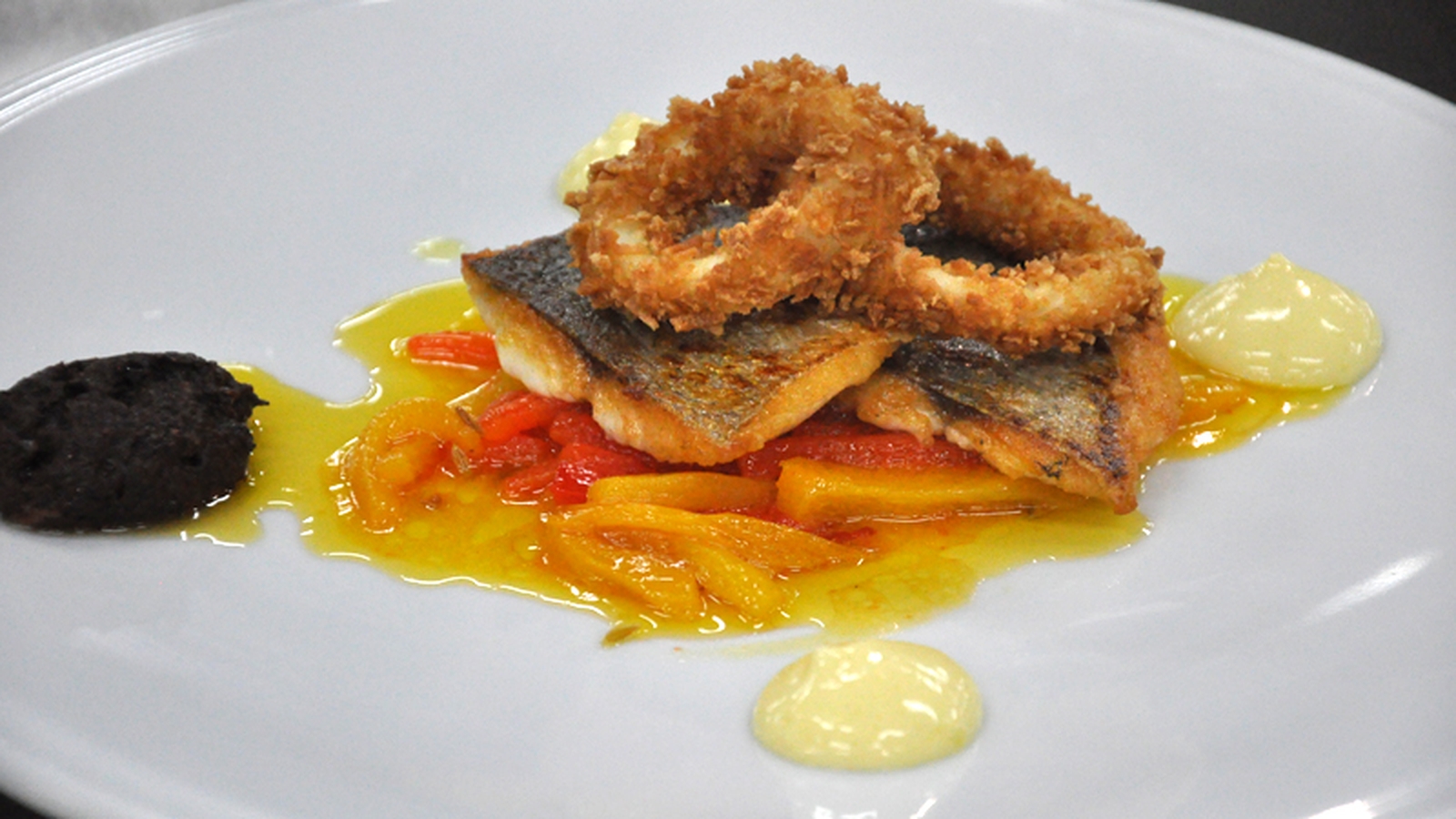 Panfried sea bream with deep fried calamari,