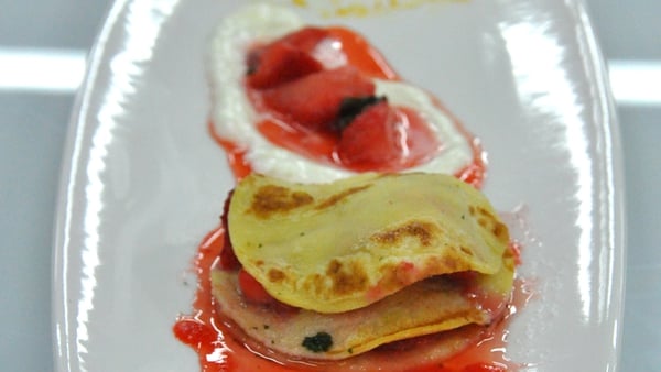 Strawberry pancakes, lemon ice-cream and basil syrup