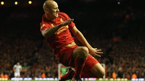 Jonjo Shelvey celebrates giving Liverpool a 1-0 lead at Anfield