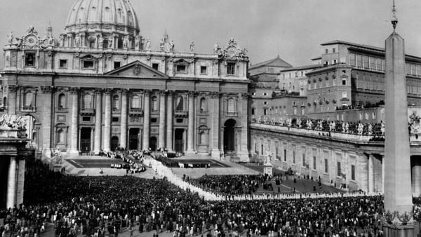 View of the procession of the Council Fathers 11 October 1962 in front of Saint Peter's Basilica at the Vatican, at the opening of the first session of the Second Ecumenical Council of the Vatican, or Vatican II.