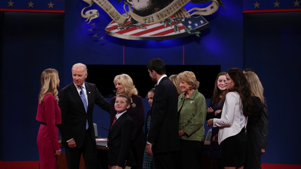 US Vice President Joe Biden and Republican vice presidential candidate Paul Ryan meet with family after the debate
