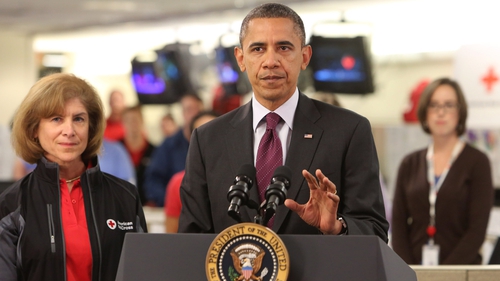 Barack Obama speaks at the Red Cross headquarters about ongoing relief in the wake of Hurricane Sandy
