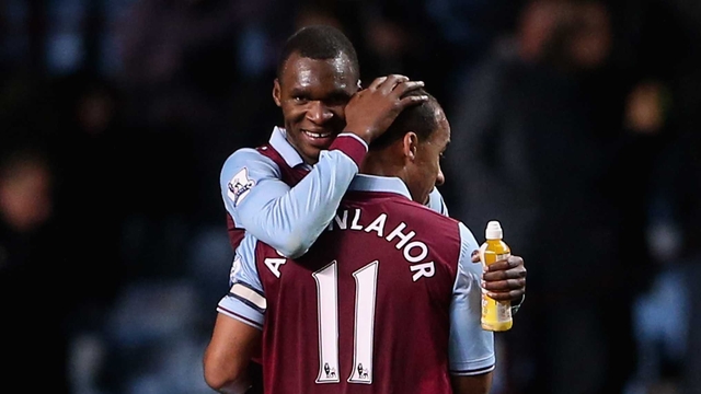 Christian Benteke and Gabriel Agbonlahor celebrate Villa's victory