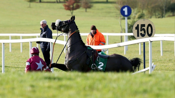 Davy Russell falls from his mount Don Cossack in the Navan Novice Hurdle