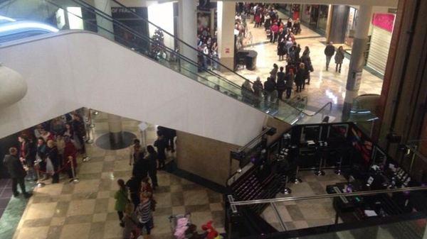 Bargain hunters queue outside Next in Dublin's Dundrum shopping centre this morning