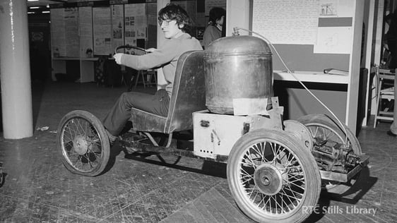 Seán Kerins demonstrates his steam car at the Young Scientist Exhibition, 1982.