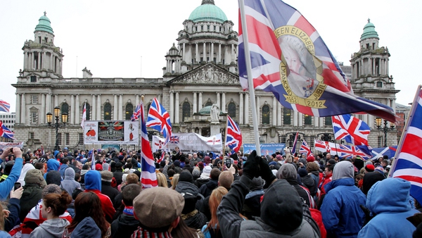 Loyalists rallied outside City Hall in ongoing protests over restrictions to the flying of the Union flag