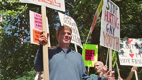 John Schuppan and other demonstrators from "Scouting for All'' protest outside the National Capital Area Council for the Boy Scouts of America in 2000
