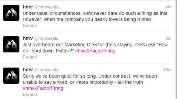 HMV's 62,561 Twitter followers learned that the staff were to lose their jobs as it happened