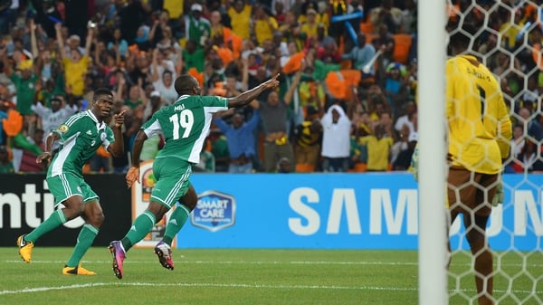 Mba celebrates his winning strike for the Super Eagles